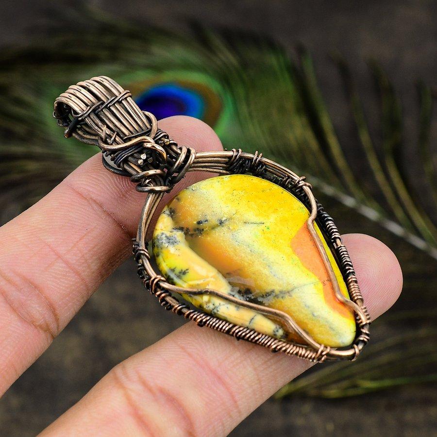 Natural Yellow Dendritic, Moonstone Gemstone Copper Wire Wrap Pendant 2.76" G6I39