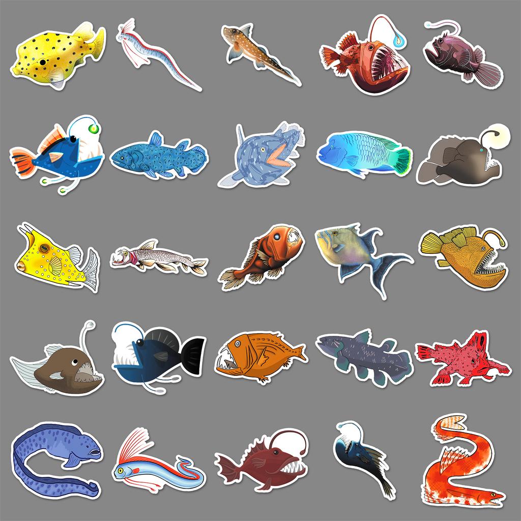 50 Deep Sea Fish Doodle Stickers Personalized Cartoon Marine Life Decorative Mobile Phone Case Suitcase Stickers