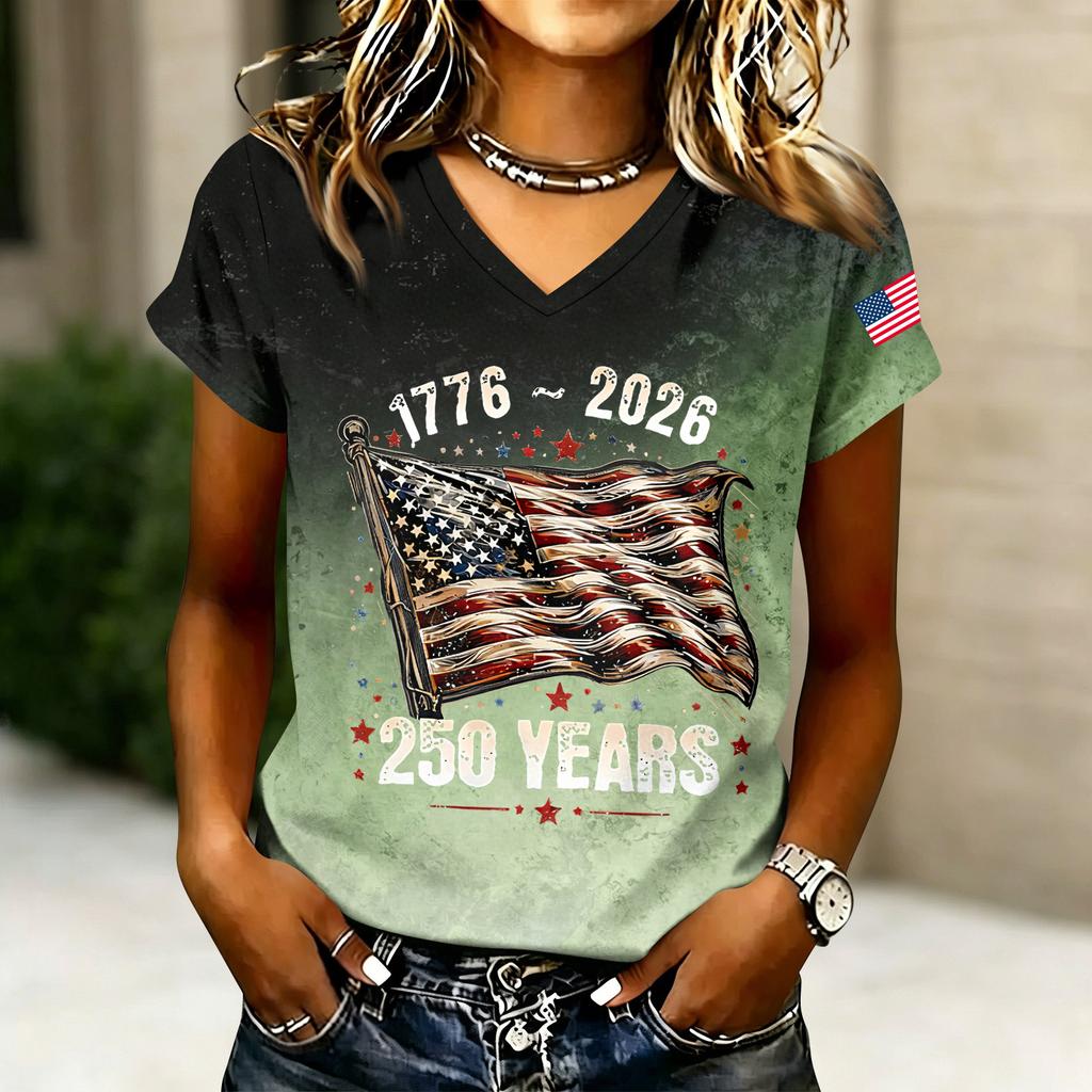 Women's Casual V Neck Short Sleeve T Shirt 250 Years Letter Print Top 1776 2026 American Flag Sleeve Detail Summer Tee