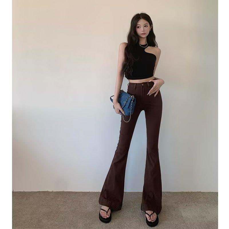 Jeans women's Hong Kong style retro high waist summer new small thin versatile micro flared pants trousers