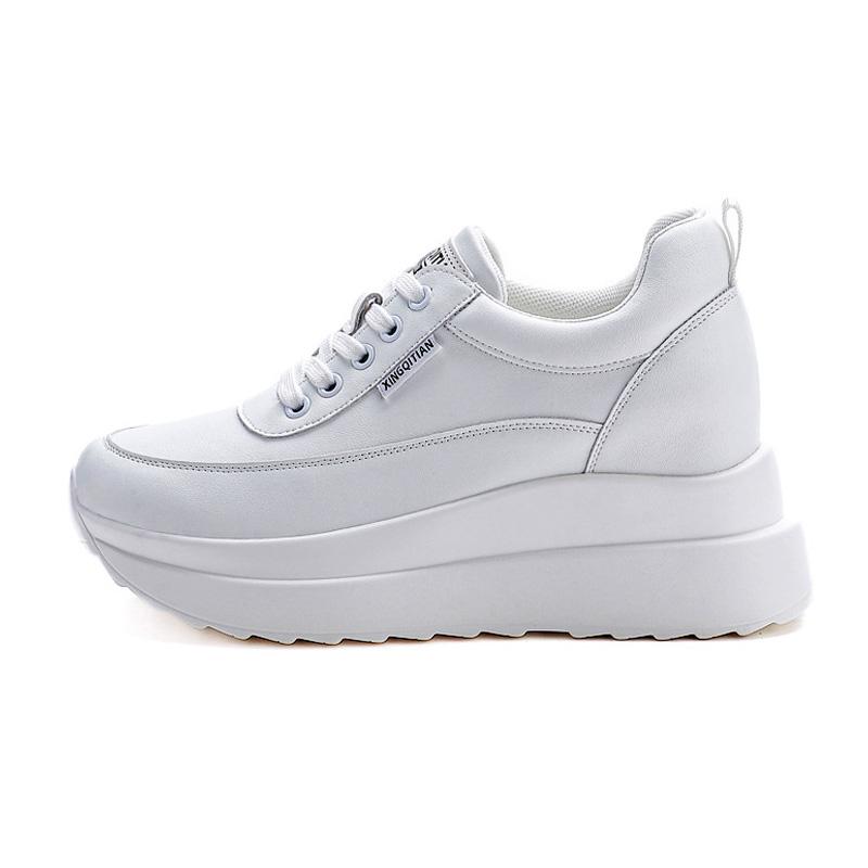 Chaussures Plateformes Printemps Été Femmes Cuir Véritable Chaussures Blanches Pour Dames Augmentant la Hauteur 8cm Baskets Décontractées