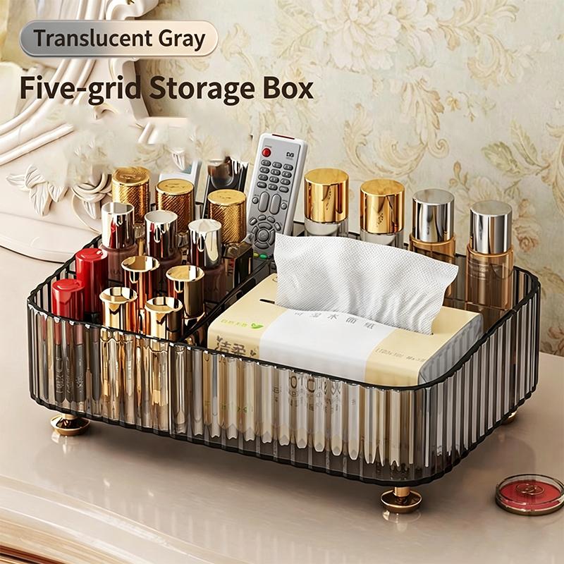 Stylish Clear Desktop Storage Tray With Multi Compartment Organizer For Remote Controls Cosmetics Cotton Swabs And Tissues For H