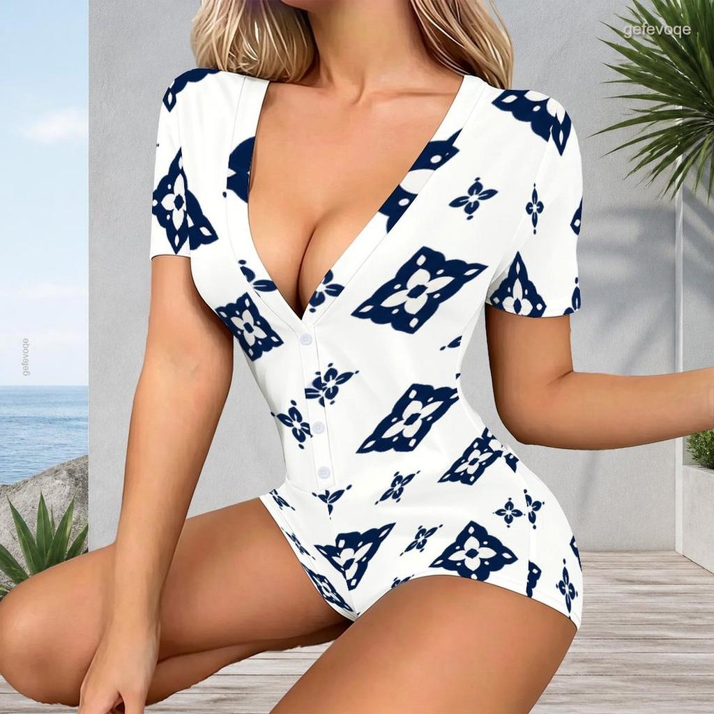 Women Plus Size Printed V Neck Short Sleeve Button Front Romper White Green Orange