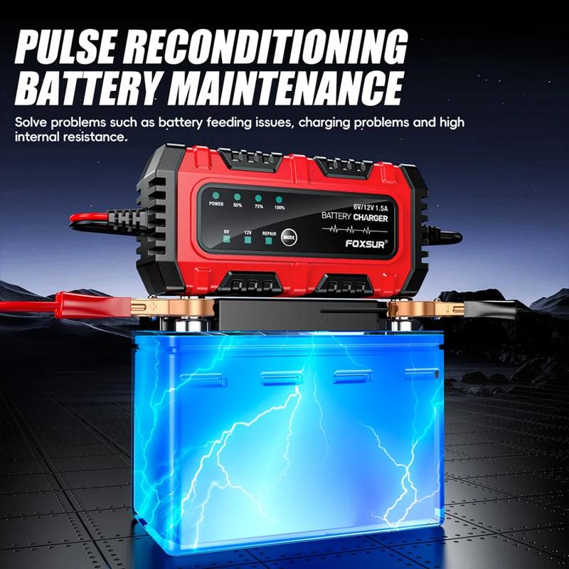 FOXSUR 6V 12V Vollintelligentes Batterieladegerät LCD-Display Intelligente Puls-Reparaturladung Auto Motorrad AGM GEL Blei-Säure-Batterien