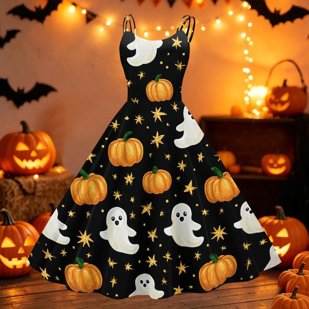 Vestido Vintage Punk de Hombros Descubiertos con Estampado de Halloween para Mujer Sin Mangas con Tirantes Finos de Espagueti Vestido de Línea A con Estampado de Calabaza Fantasma Murciélago de Halloween