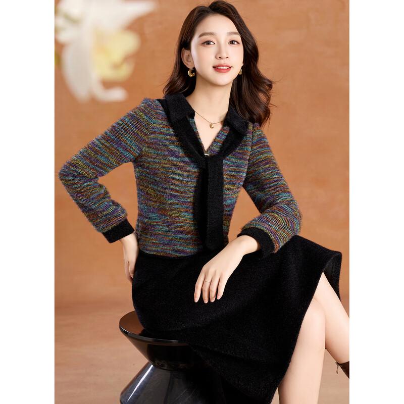 Ke Bei Er Faux Mink Patchwork Color-Block Scarf Collar A-Line Dress