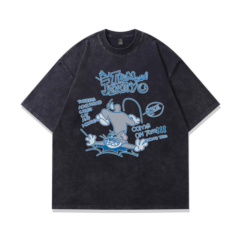 Heavy Cotton Washed Short-Sleeved T-Shirt American Retro Trendy Cartoon Printed Vintage Half-Sleeved Top