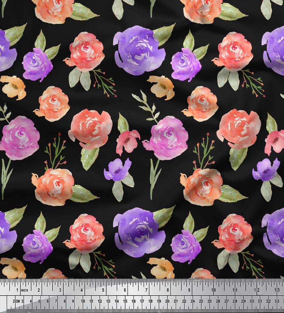 Soimoi Black Japan Crepe Satin Fabric Flower & Leaves Watercolor Print Fabric by the metre 42 Inch