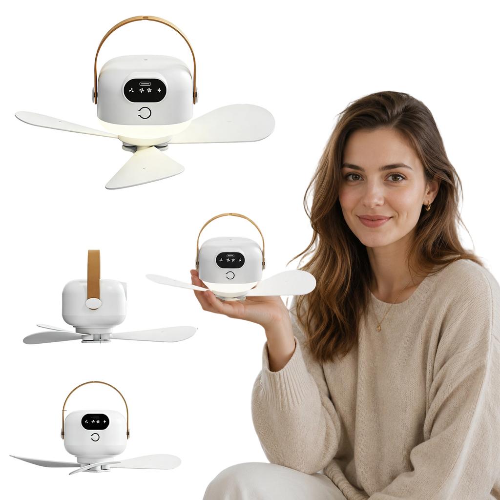 Portable Rechargeable Fan with Remote Control and LED Night Light, Small Ceiling Fan for Dorm Outdoor Use