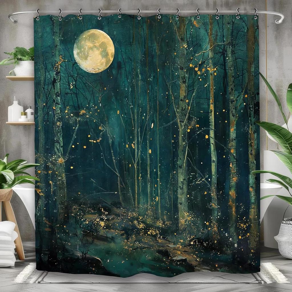 Vintage Dark Green Forest Bathroom Shower Curtain Night Moon Landscape Nature Mystical Midnight Polyester Fabric 12 Plastic