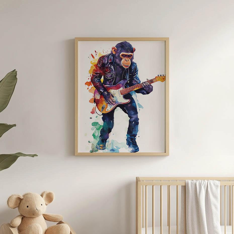 Plakat Małpa Z Gitarą Plakat Małpa Z Gitarą, 50X70 Cm, Rama Drewniana Jasny Dąb, Papier Matowy 230 Gsm