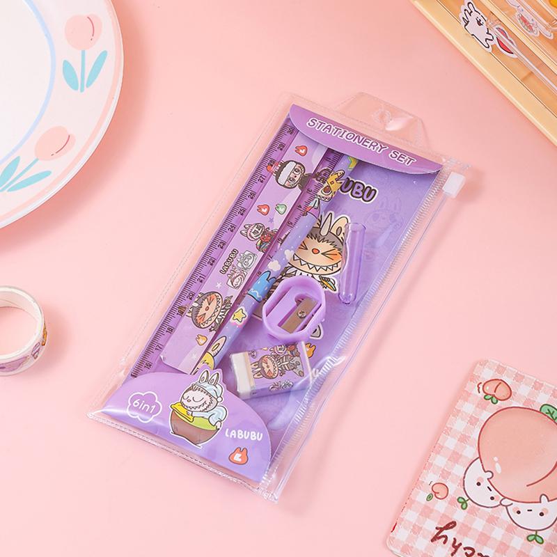 Set Papetărie de Desene Animate Drăguț Labubu în Geantă Creion Riglă Radieră Ascuțitoare Capac pentru Creion Costum Studenți Școală Rechizite de Studiu Cadouri