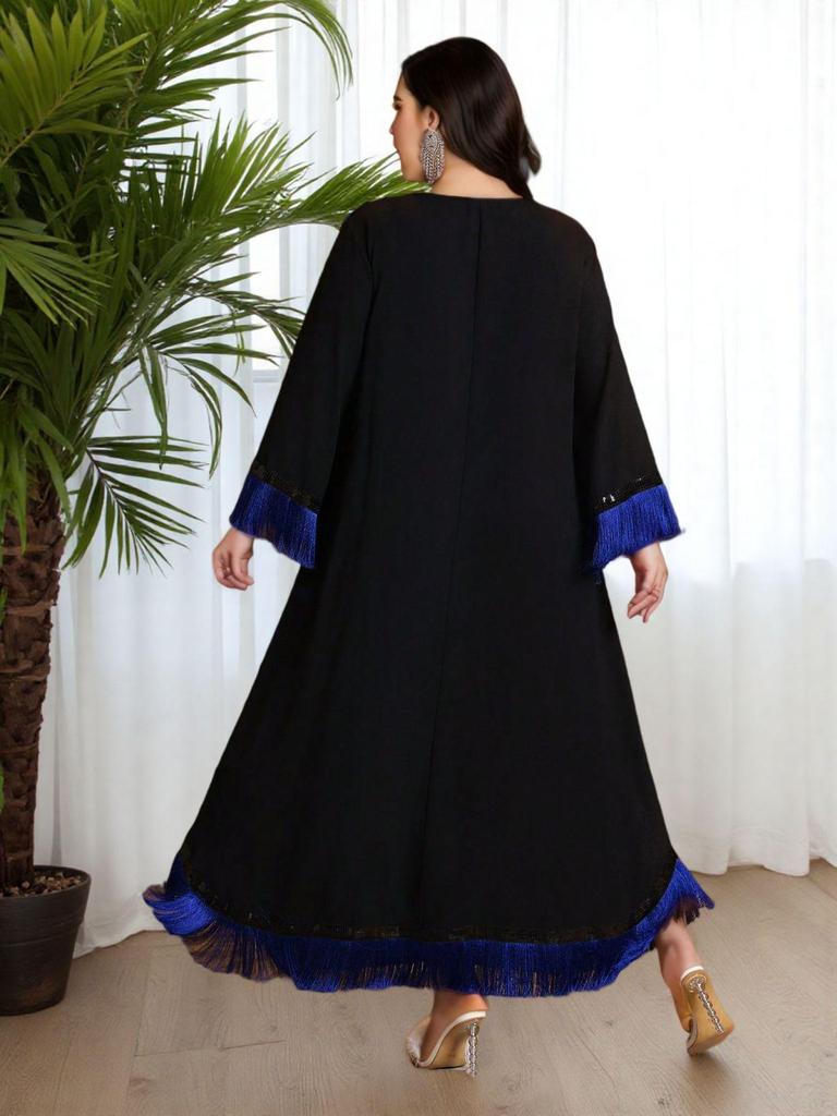 Plus Size Royal Blue Sequin Patchwork Tassel Cuff Islamic Style Long Dress