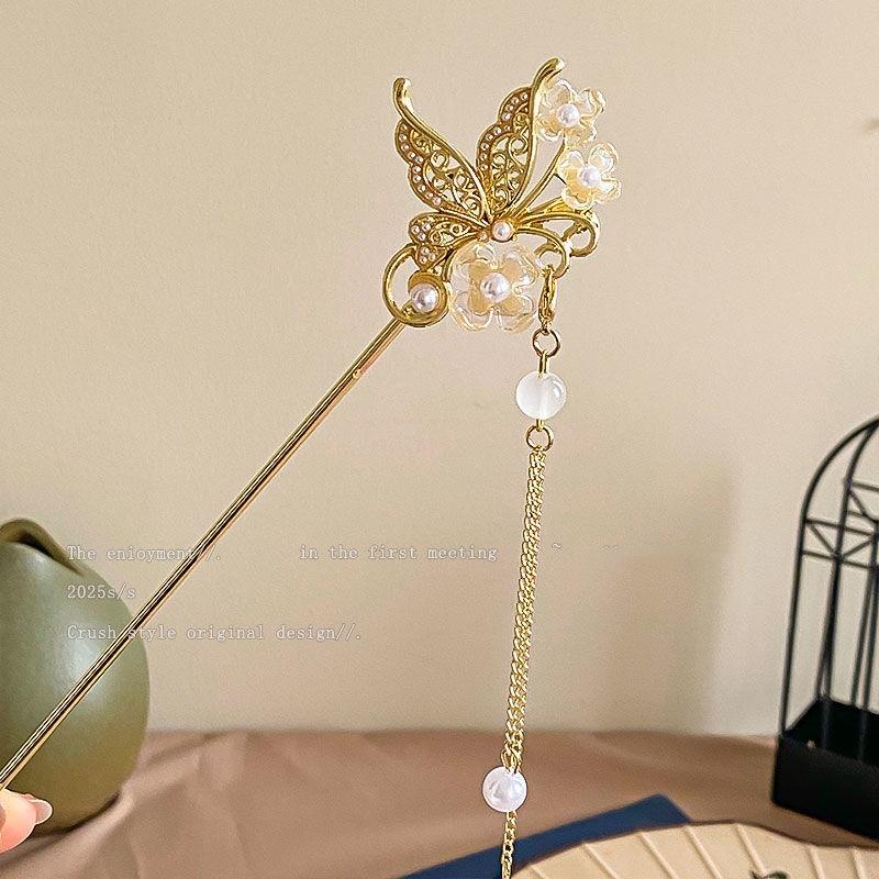 Neo Chinese Style Jewelry Hairpin For Women Glitter Butterfly Flower Pearl Tassel Hair Stick Girls Fashion Hair Accessories 1pc