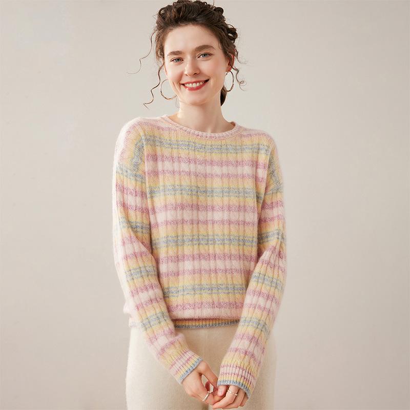 Damen-Farbblock-Kaschmirpullover - Herbst/Winter 2025: Dick, Locker, Rundhals, Zopfmuster, Schlankmachend, Lässiger Stil
