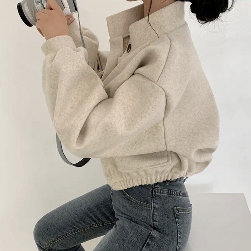 Women's Cut Wool Blend Jacket Korean Style Stand Collar Casual Jacket