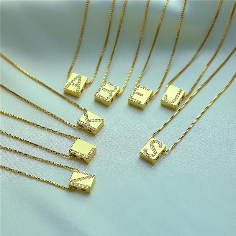 HECHENG,Initial Letters Necklace for Women , Square Alphabet Charm Box Link Chain Couple Pendant Necklace Female CZ Zircon A