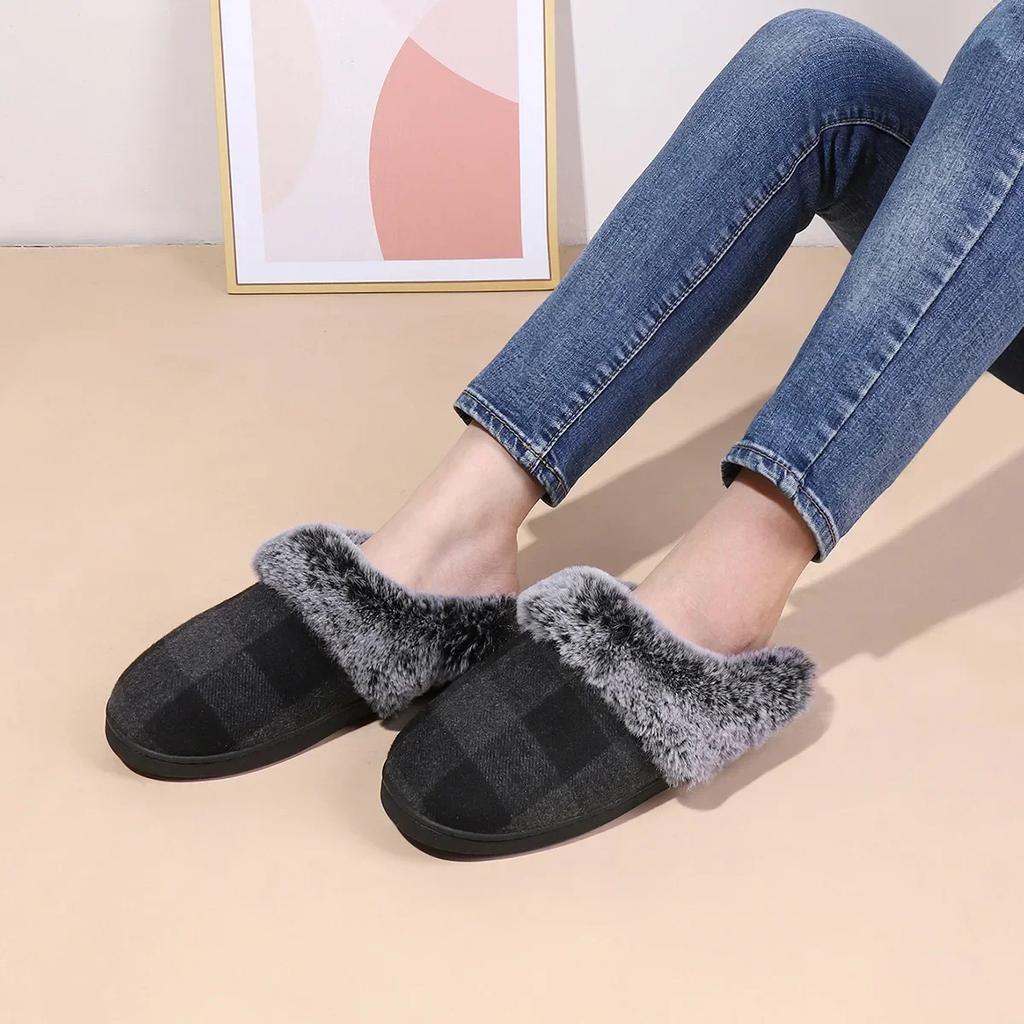 Women Cotton Slippers  New Plush Fluffy Slippers Indoor Home Floor Non-slip Warm Thick Soled Lattice Slippers Chanclas Mujer