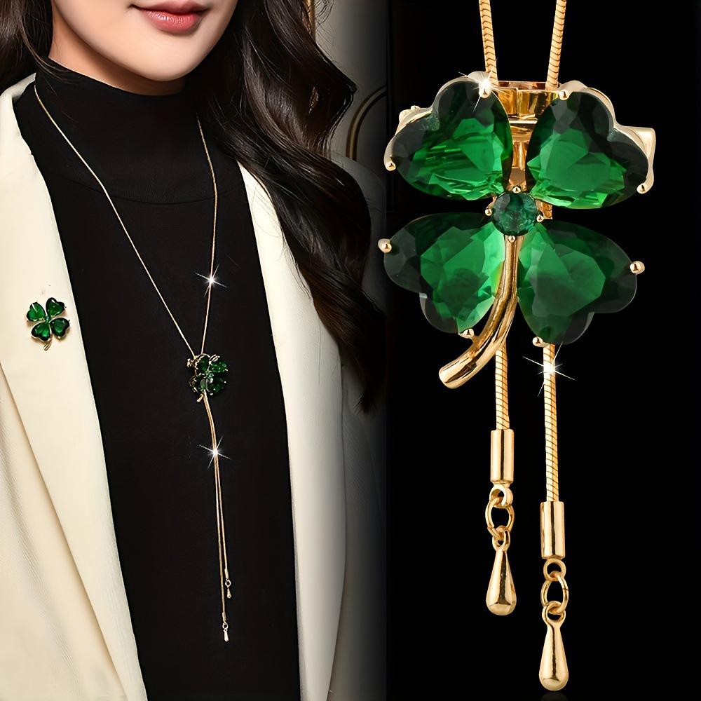 Versatile Green Four-Leaf Clover Sweater Chain Necklace