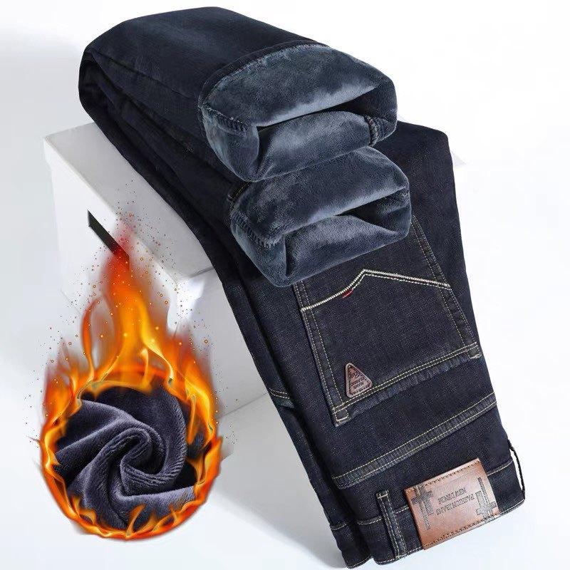 Autumn and Winter Fleece Thickened Jeans Loose Straight Pants Versatile Business Elastic Thermal Trousers