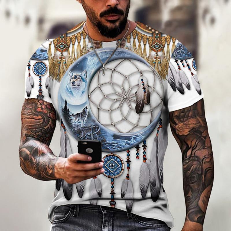 Men's Shirt Casual Harajuku T-shirt Animal Summer Retro Indian Print Men's Street Crew Neck Short Sleeve Design Large