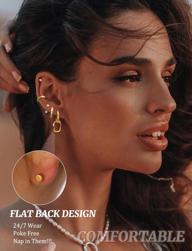 Bobisty Surgical Stainless Steel Flat Back Earrings for Women Cartilage Earring Stacks 14K Gold Plated Hoop Stud Earring Sets