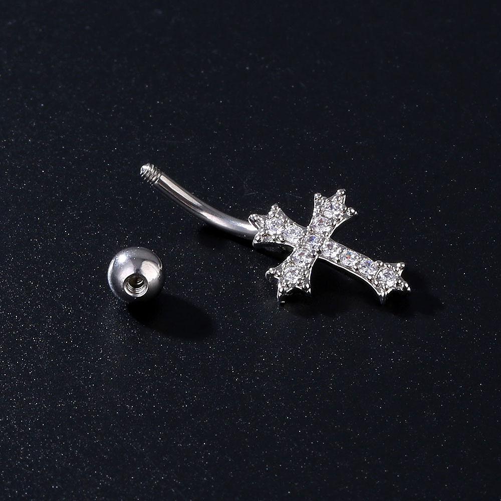 Rhinestone Cross Belly Button Ring Curved Bar Navel Piercing Jewelry Stainless Steel Belly Stud