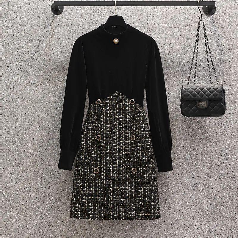 

Элегантное бархатное платье для женщин во французском стиле больших размеров на весну и осень XXL чёрный