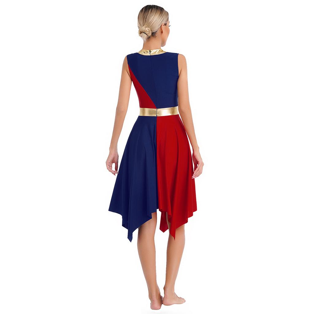 Womens Metallic Color Block Patchwork Liturgical Dance Dress Round Neck Sleeveless Asymmetrical Hem Dresses Dancewear