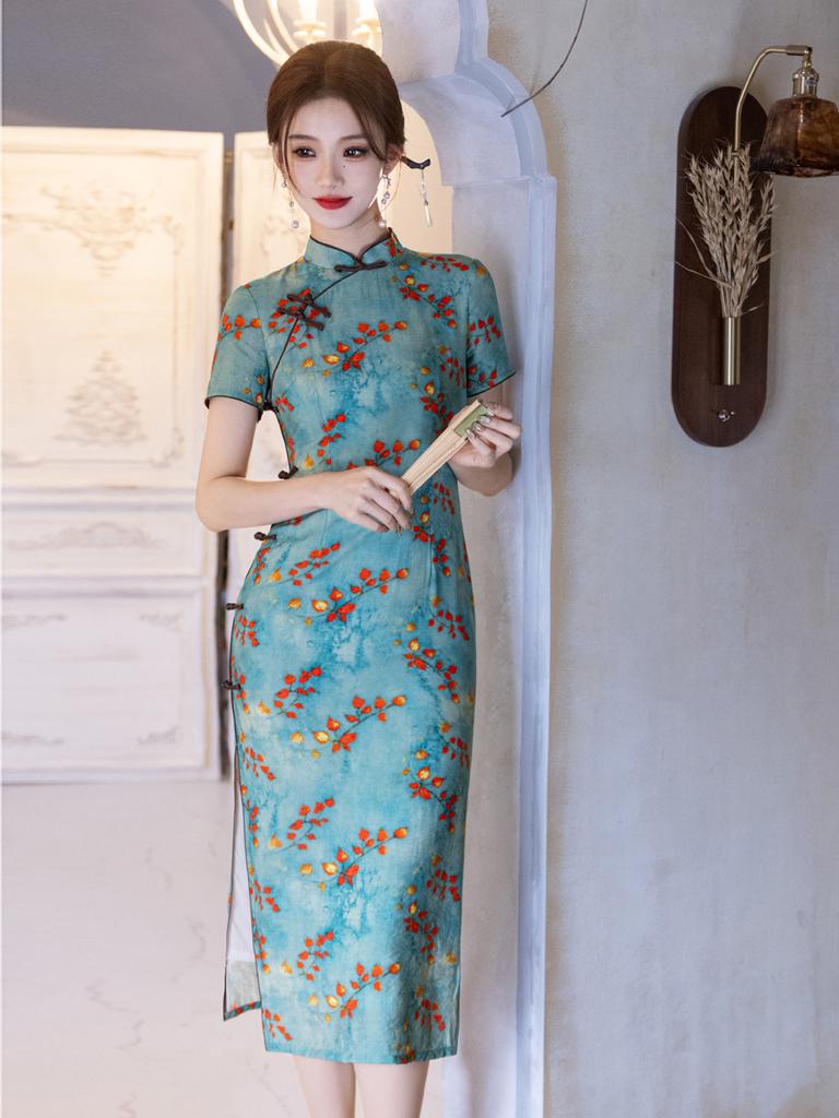 Green retro style short-sleeved silk and hemp cheongsam 1011 spring new improved new Chinese style daily wear nun