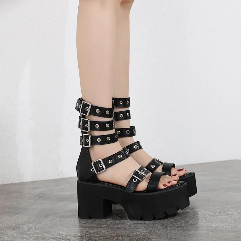 Fashion 2025 Summer New Fashion High Heel Sandals Rivet Hollowed Out Women's Shoes Roman Thick Heel Cool Boots 42