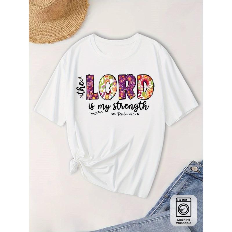 Women S Faith T-Shirt - Lord is My Strength | Hebrews Verse with Colorful Floral & Psalm Lettering, Pink & White Casual Religious Tee S белый