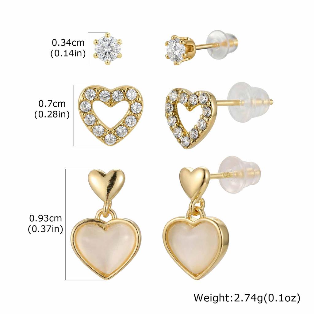 3pcs Set Romantic Heart Earrings for Women, Cubic Zircon Hypoallergenic Stud Earring Set, Fashion Piercing Jewelry