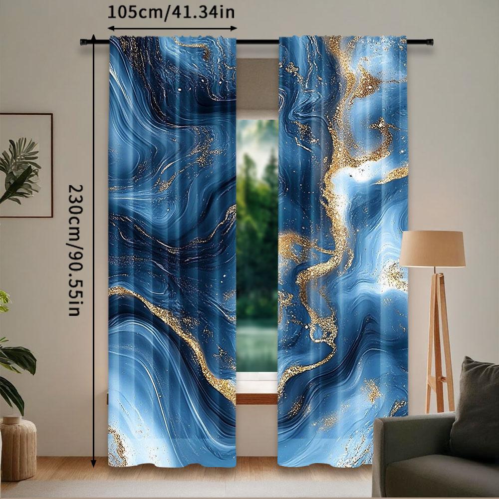 2Pcs Modern Simplistic Curtain Abstract Marble Luxury Art Beautiful Blue And Gold Decorative Window Drapes A