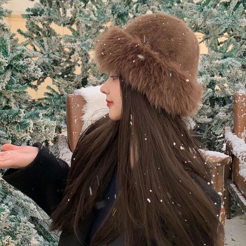 Fashion Headwear Fluffy Fur Winter Hat Thicken Bucket Hat Solid Color Cold Windproof Berets Chrismas Gifts