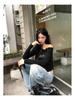 Retro Rhinestone Cold Shoulder Long Sleeve T-shirt in Black - Slim Fit Off-the-Shoulder Top for Women, Spring/Autumn European & American Style.