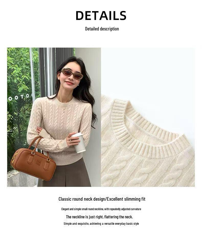 Women's Soft Cable Knit Round Neck Wool Sweater - Thick & Cozy for Autumn/Winter