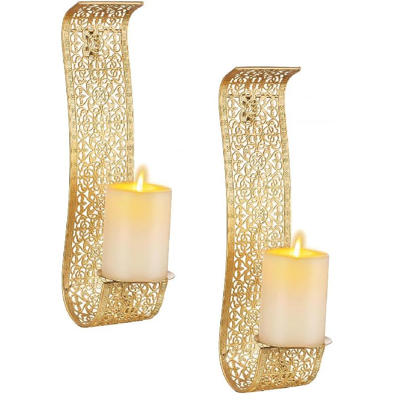 Sziqiqi Gold Candle Sconces Wall Decor Set of 2 - Rustic Pillar Wall Candle Holder for Farmhouse Vintage Hallway Wall Decor Decorative Bathroom Metal