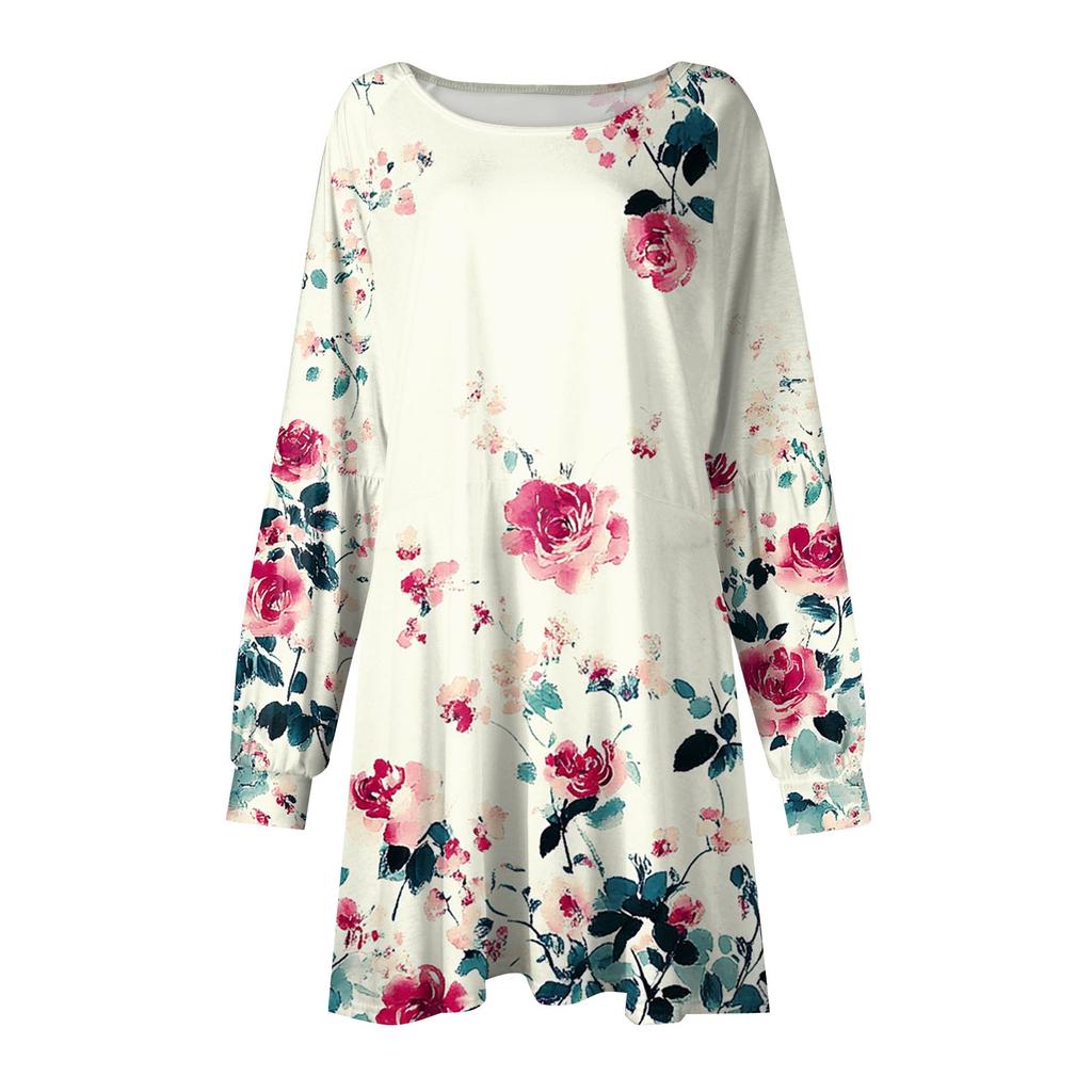 Fashion Womens Long Sleeve A Line Dress Fall Casual Pullover Crewneck Loose Fit Dress With Pockets