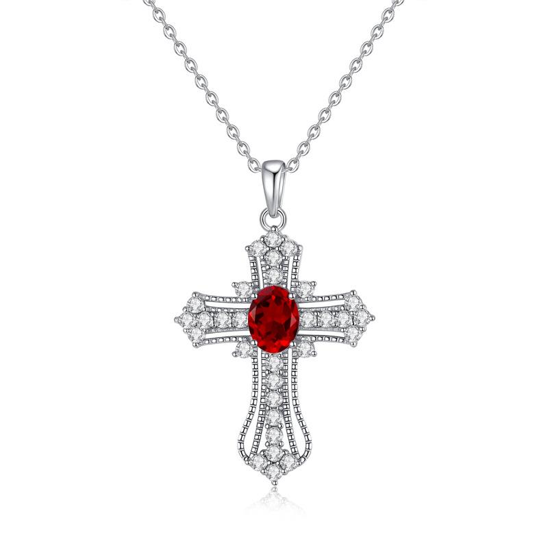S925 Pure Silver All Diamond Cross Necklace for Women, Silver Inlaid with Natural Color Treasure, Fashionable and Versatile Gift