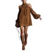 2025 European & American Suede Off-Shoulder Mini Dress with High Neck and Lantern Sleeves