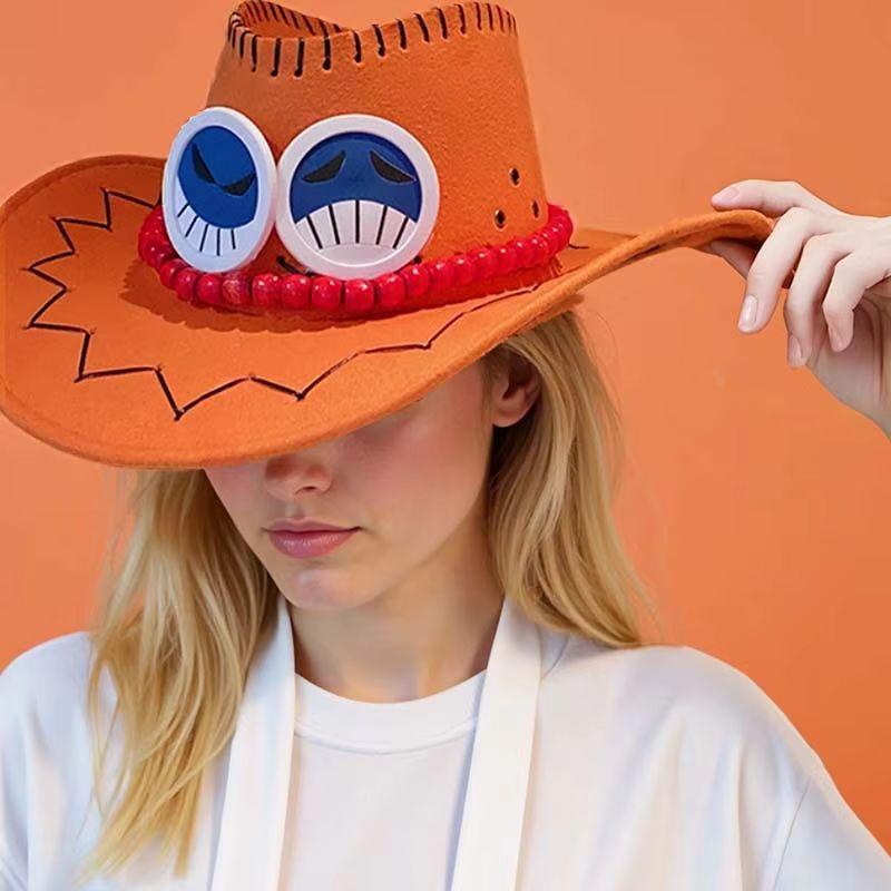 New Anime One Piece Ace Cosplay Hats Unisex Luffy Ace Orange Cowboy Cap for Kids Adult Halloween Carnival Cosplay Accessories
