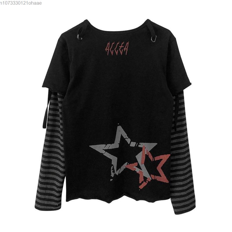 Autumn Aesthetic Punk Printed Long Sleeved Tops Women Harajuku Rock Y2k Fake Two Piece T-shirt Japanese Fashion Loose Casual Clothes