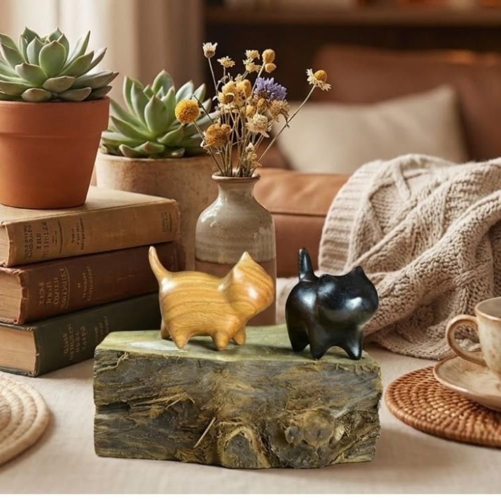 Wood Carving Cat Ornament Natural Texture Lucky Cat Ornament Wooden Cat Figurine  Bookshelf Display
