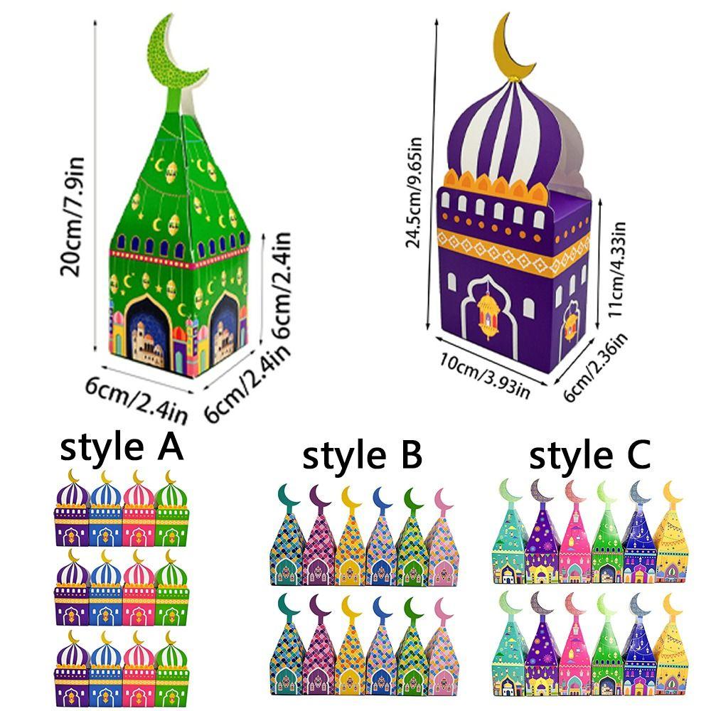 12Pcs Favor Bags Eid Mubarak Gift Box Moon Castle Pattern Candy Packaging Box  Muslim Festival