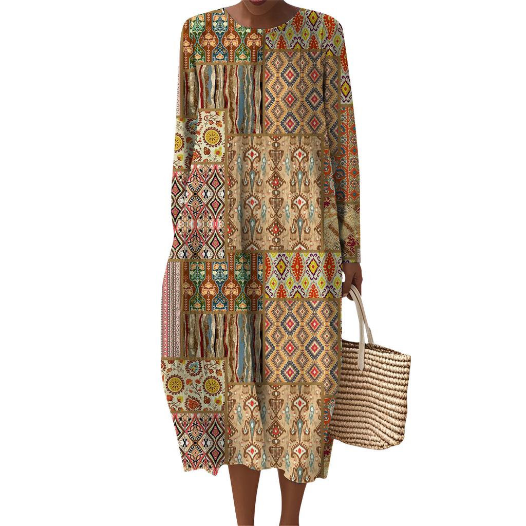 Women's Fashionable Casual Long-Sleeved Round Neck Retro Geometric Print Elegant Dress