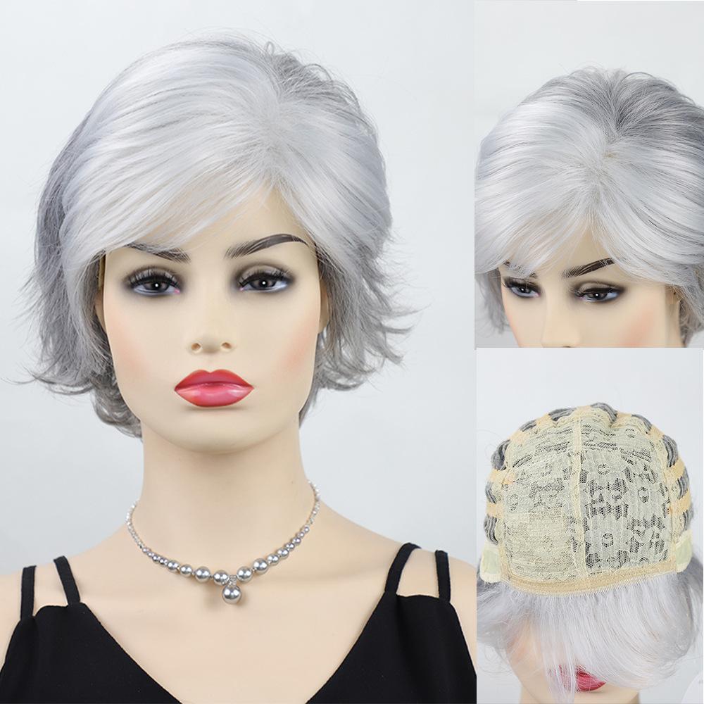 Women Mixed Gray Silver Curly Wigs with Bangs Grandma Synthetic Short Layered Hair Daily Party Cosplay Heat Resistant Fibre Wig