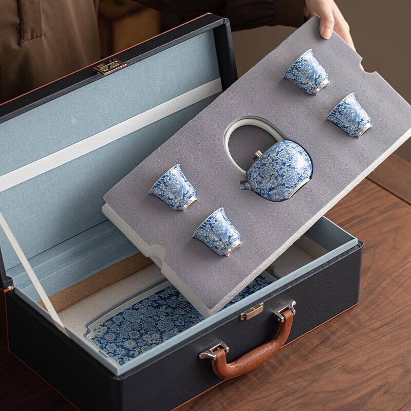 Zheng Wenqiang Masterpiece Gilded Silver Blue & White Ceramic Gongfu Tea Set
