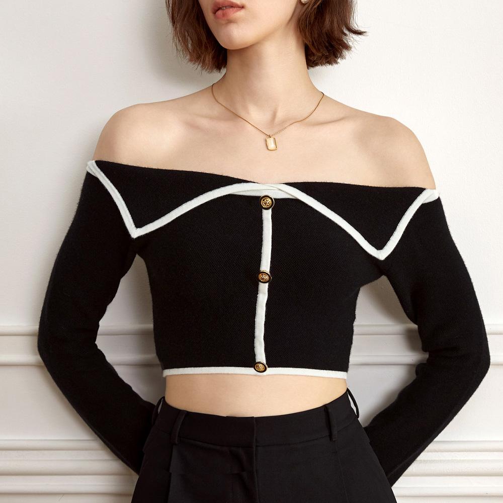 Waiwaiaiem Yy_Lapel Off-Shoulder Wool Knit Top