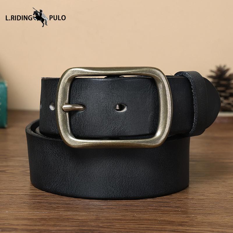 Retro Versatile Pleated Copper Buckle Belt Men's Genuine Leather Trend Pin Buckle Pure Leather Pants Belt